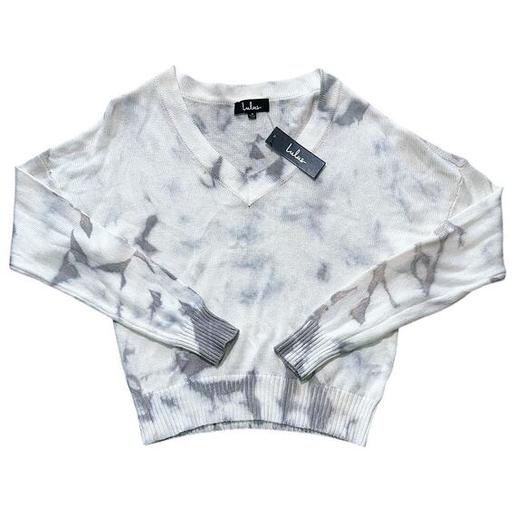 NWT Lulus Chill With Me Cream & Grey Tie-Dye Cotton Knit Pullover Sweater Small - Picture 2 of 7